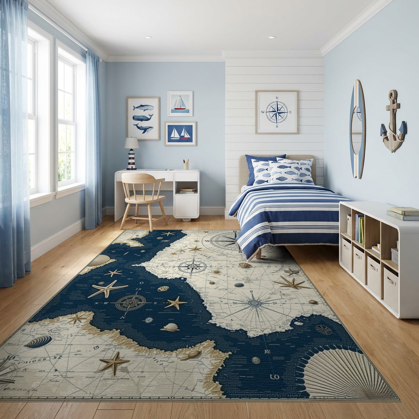 Vintage Nautical Compass Starfish Rug