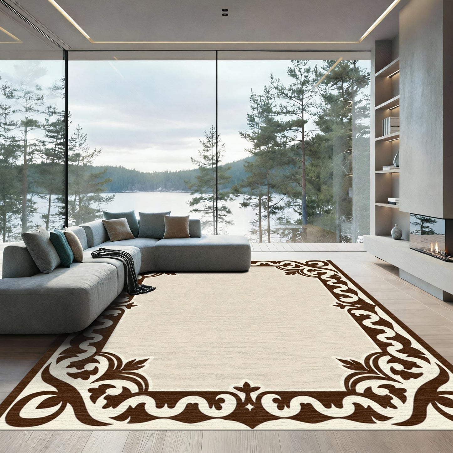Rich Brown Ornamental Scroll Border Rug