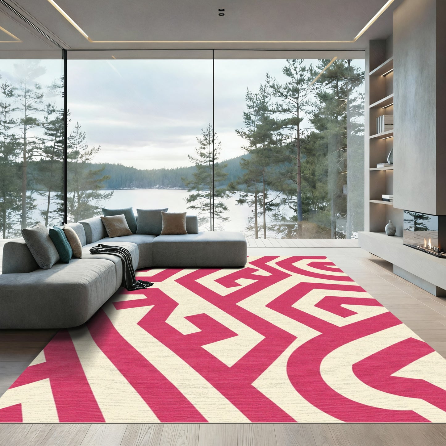 Bright Pink Geometric Maze Rug
