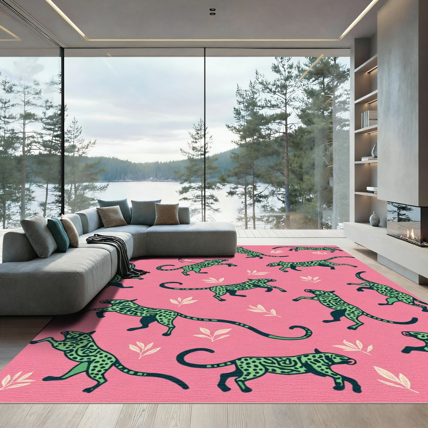 Vibrant Pink Green Jagged Jaguar Print Rug