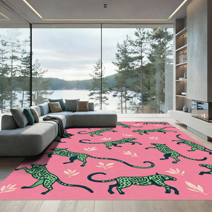 Vibrant Pink Green Jagged Jaguar Print Rug