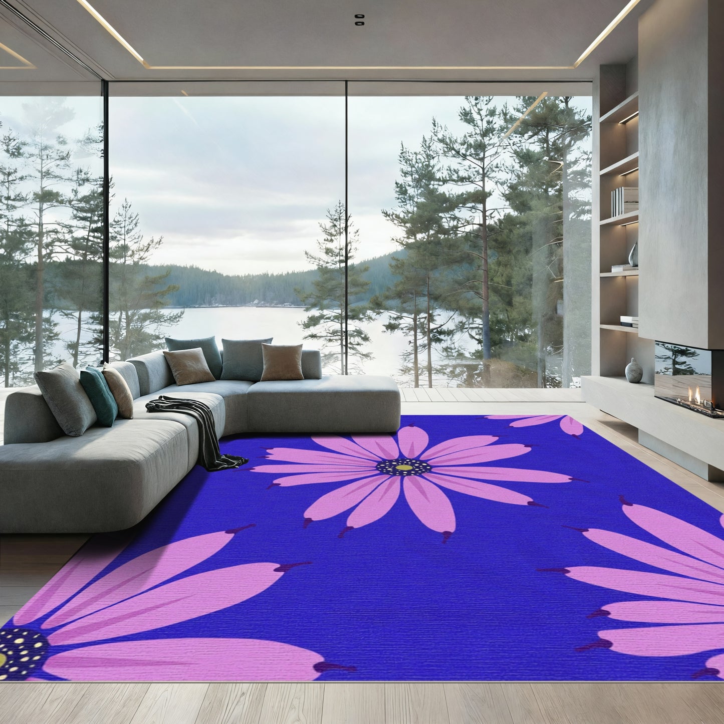Pink Daisy Garden Blue Background Rug