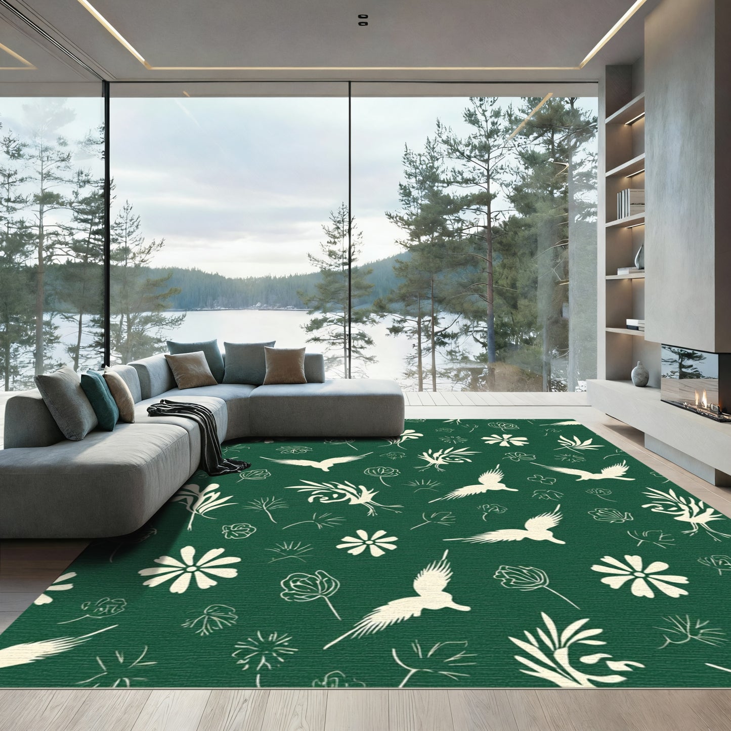 Cream Birds and Floral Sprigs on Emerald Rug