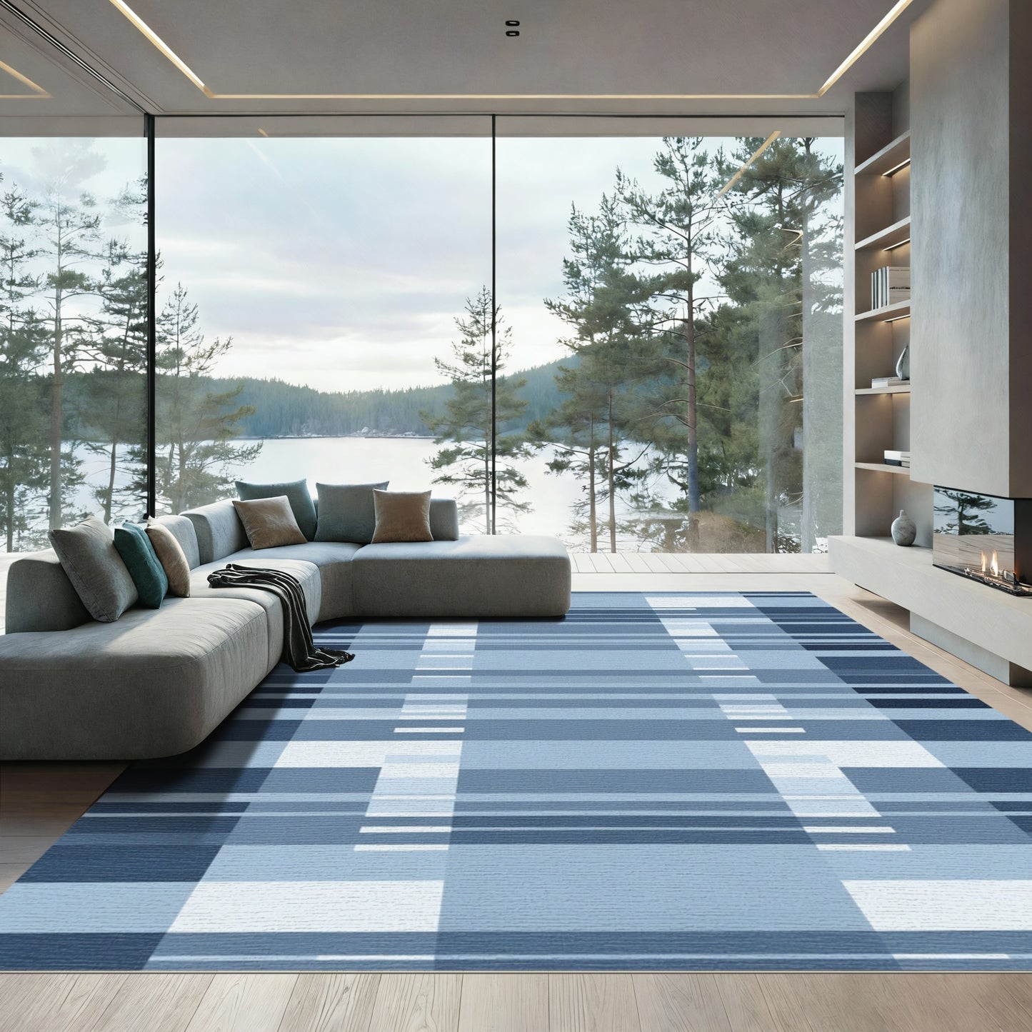 Modern Blue Striped Geometric Rug