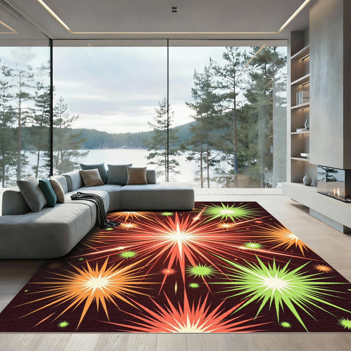 Fiery Orange Green Bursting Starbursts Rug