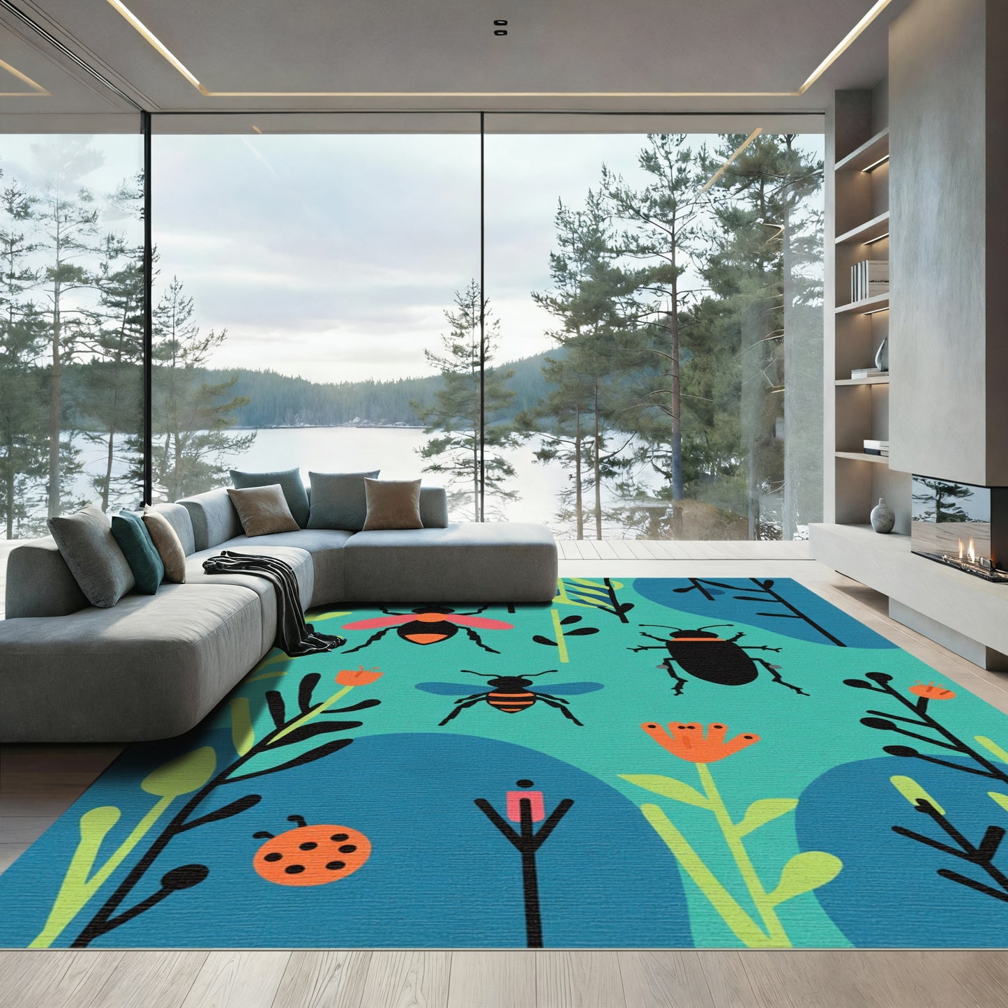Whimsical Bugs and Flowers In Teal Rug