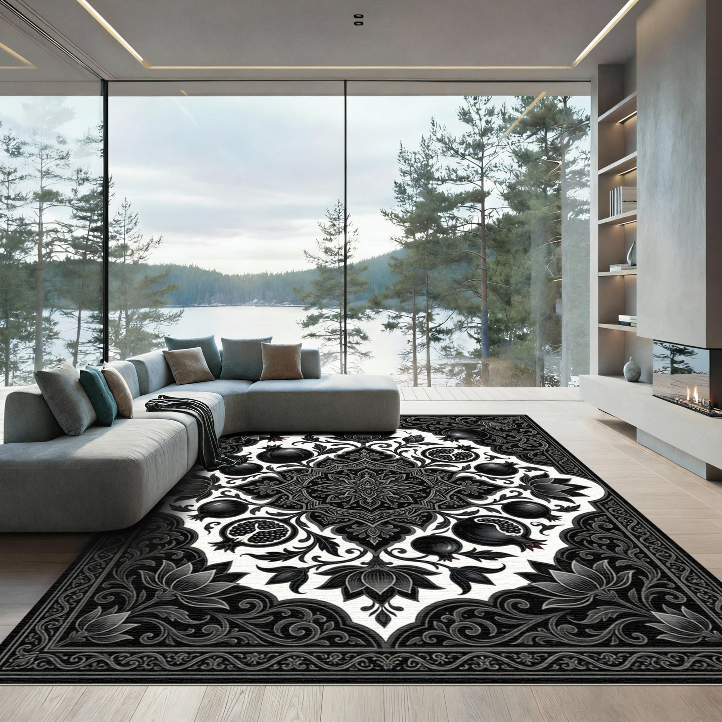 Black Pomegranate Floral Mandala Art Rug