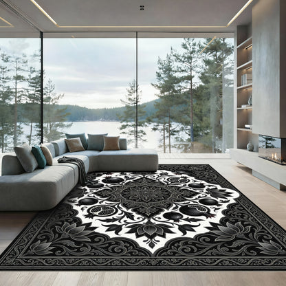 Black Pomegranate Floral Mandala Art Rug