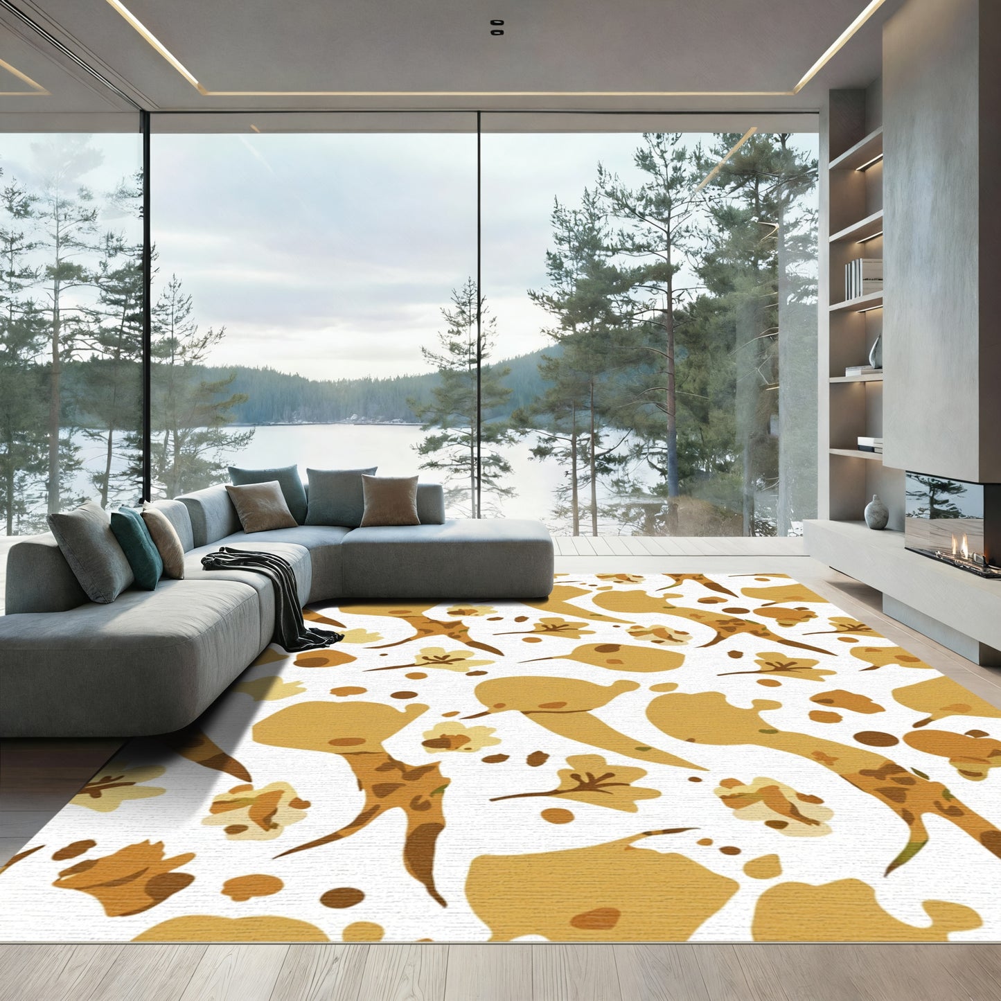 Earthy Ochre Abstract Floral Sprig Rug