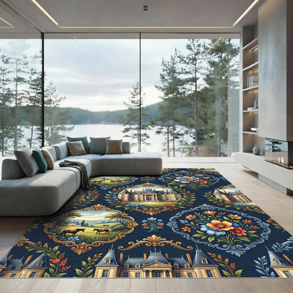Chateau Equestrian Floral Gold Navy Medallion Rug