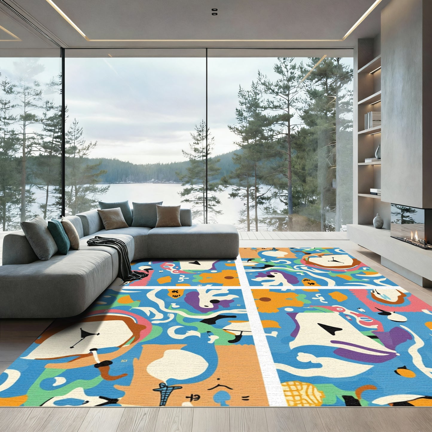 Playful Blue Abstract Whimsical Shapes Rug