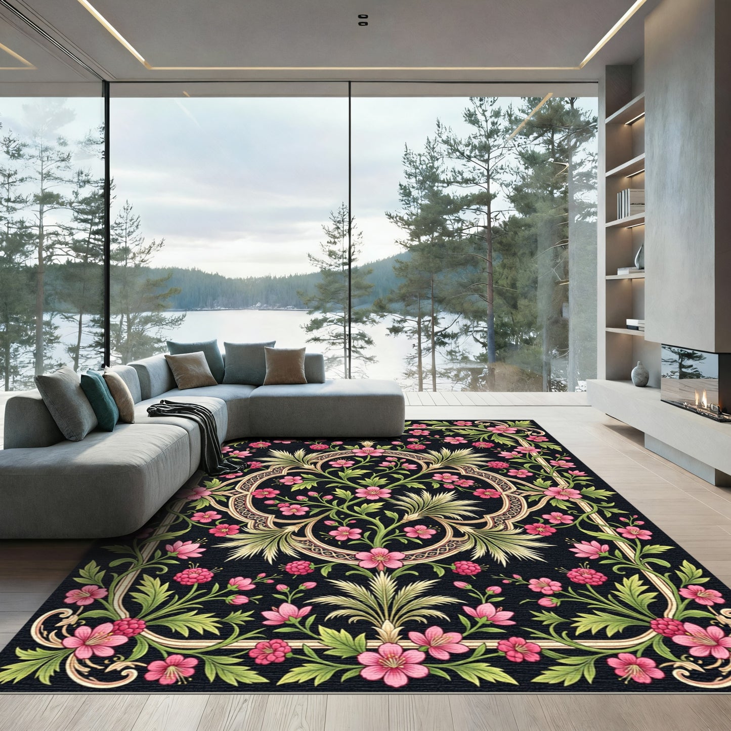 Ornate Pink Floral Botanical Blackwell Rug