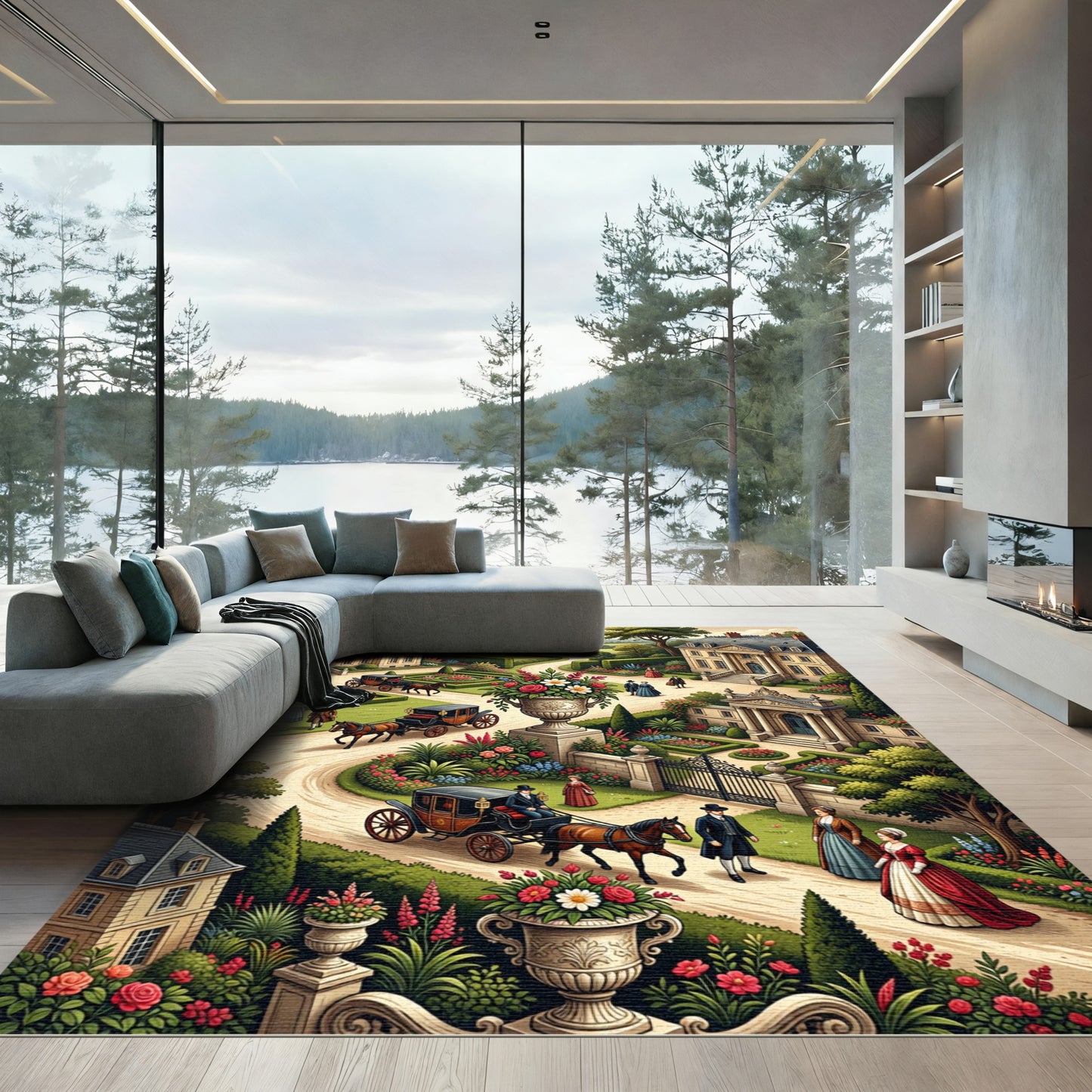 Regency Estate Garden Floral Scenery Rug