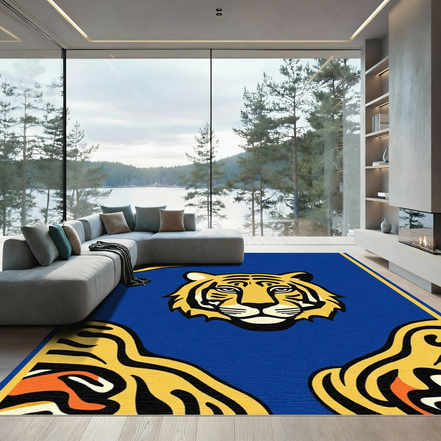 Bold Tiger Head Blue Abstract Rug