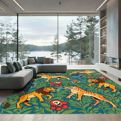Whimsical Jungle Animals Floral Arrangement Rug
