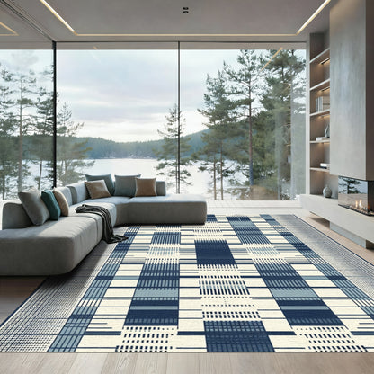 Deep Blue Vertical Stripe Grid Rug