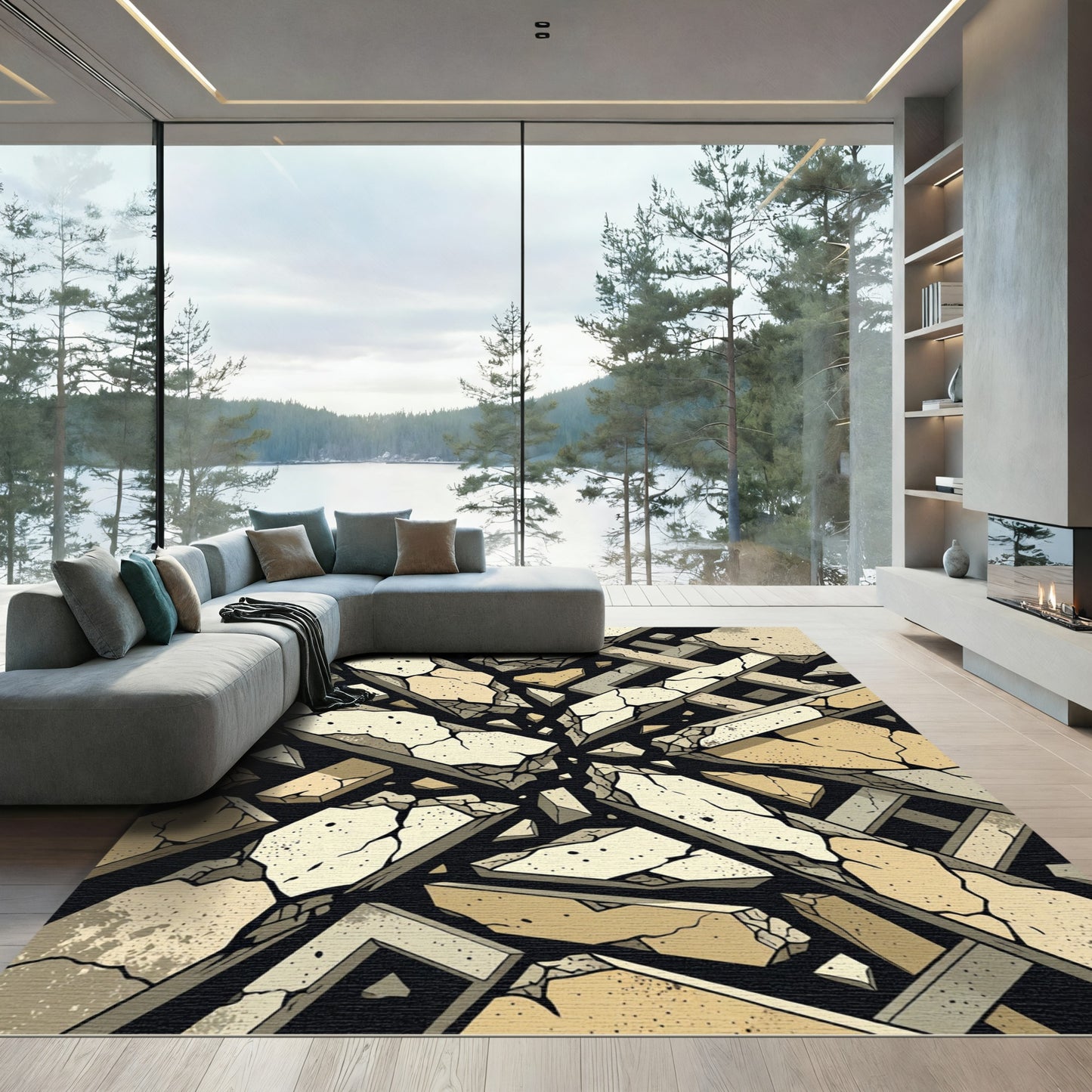 Abstract Cracked Stone Geometric Pile Rug