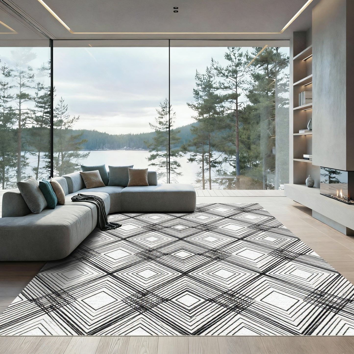Bold Black Diamond Line Art Rug