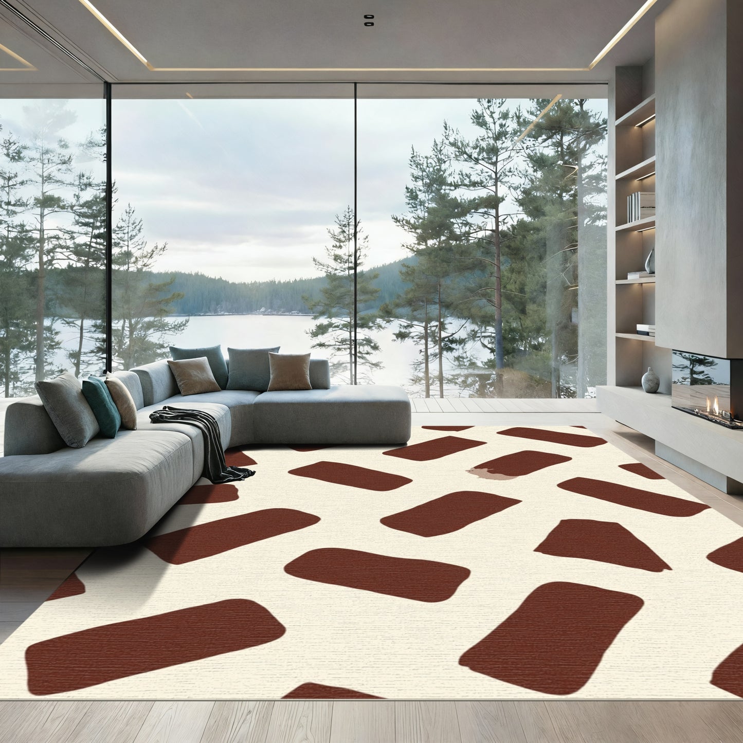 Brown Rectangles Creamy Abstract Rug