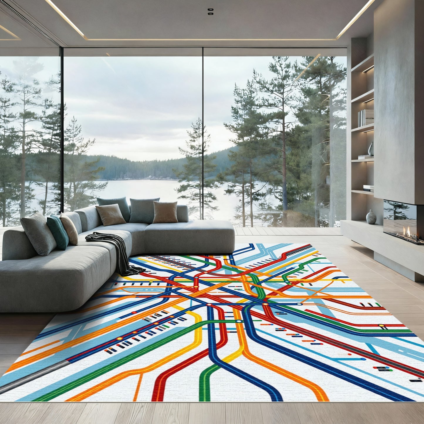 Multicolor Geometric Transit Map Art Rug