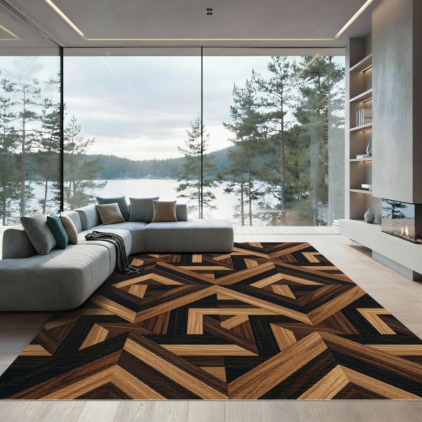 Geometric Walnut Parquet Art Deco Rug