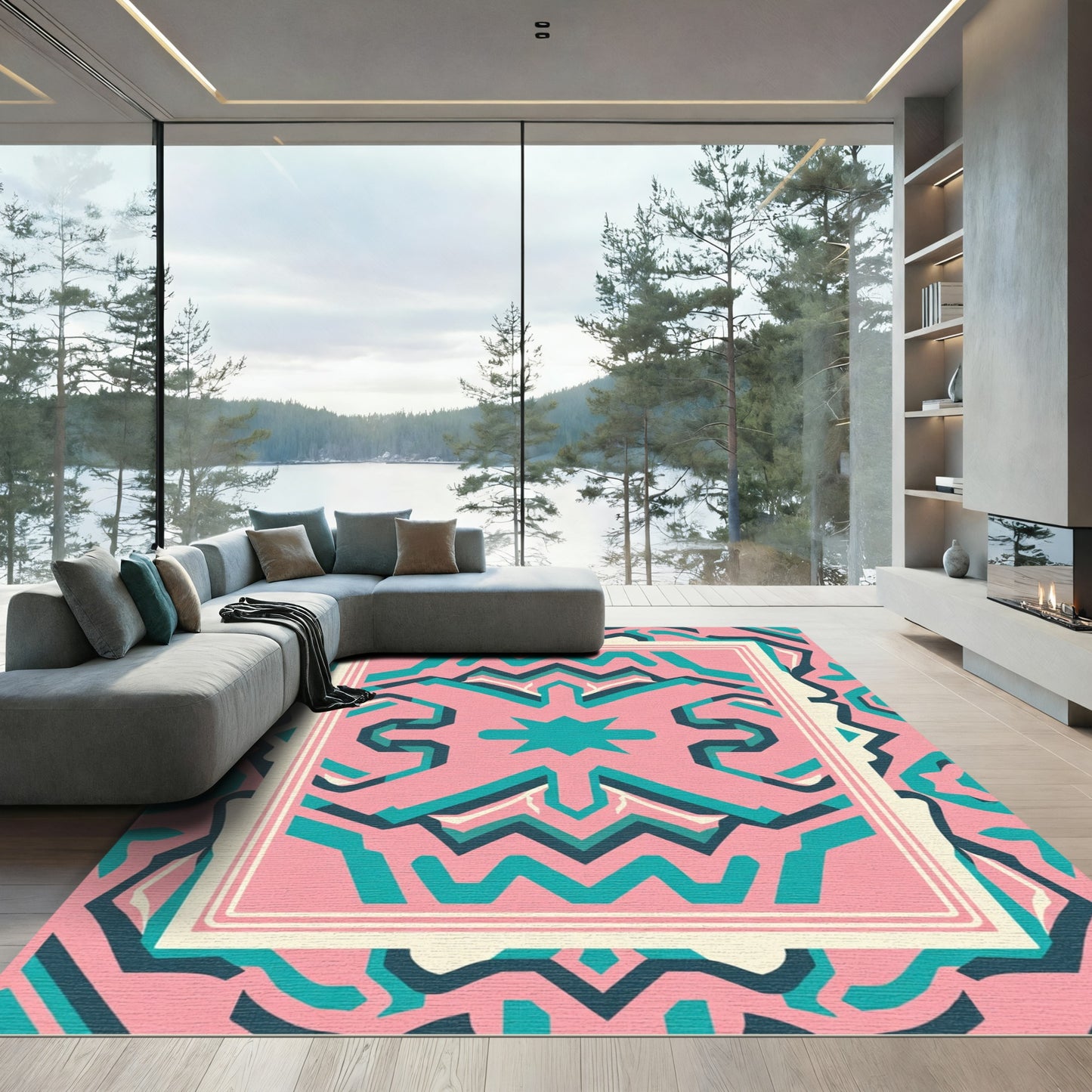 Modern Pink Geometric Tribal Frame Rug