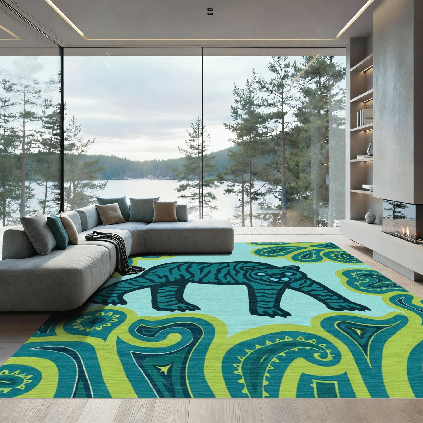 Teal Tiger With Paisley Border Rug