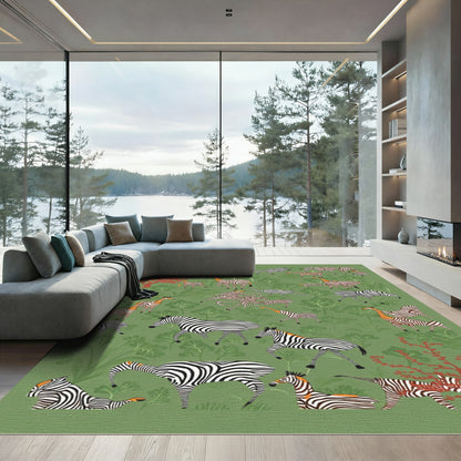 Green Safari Zebra Giraffe Scene Rug