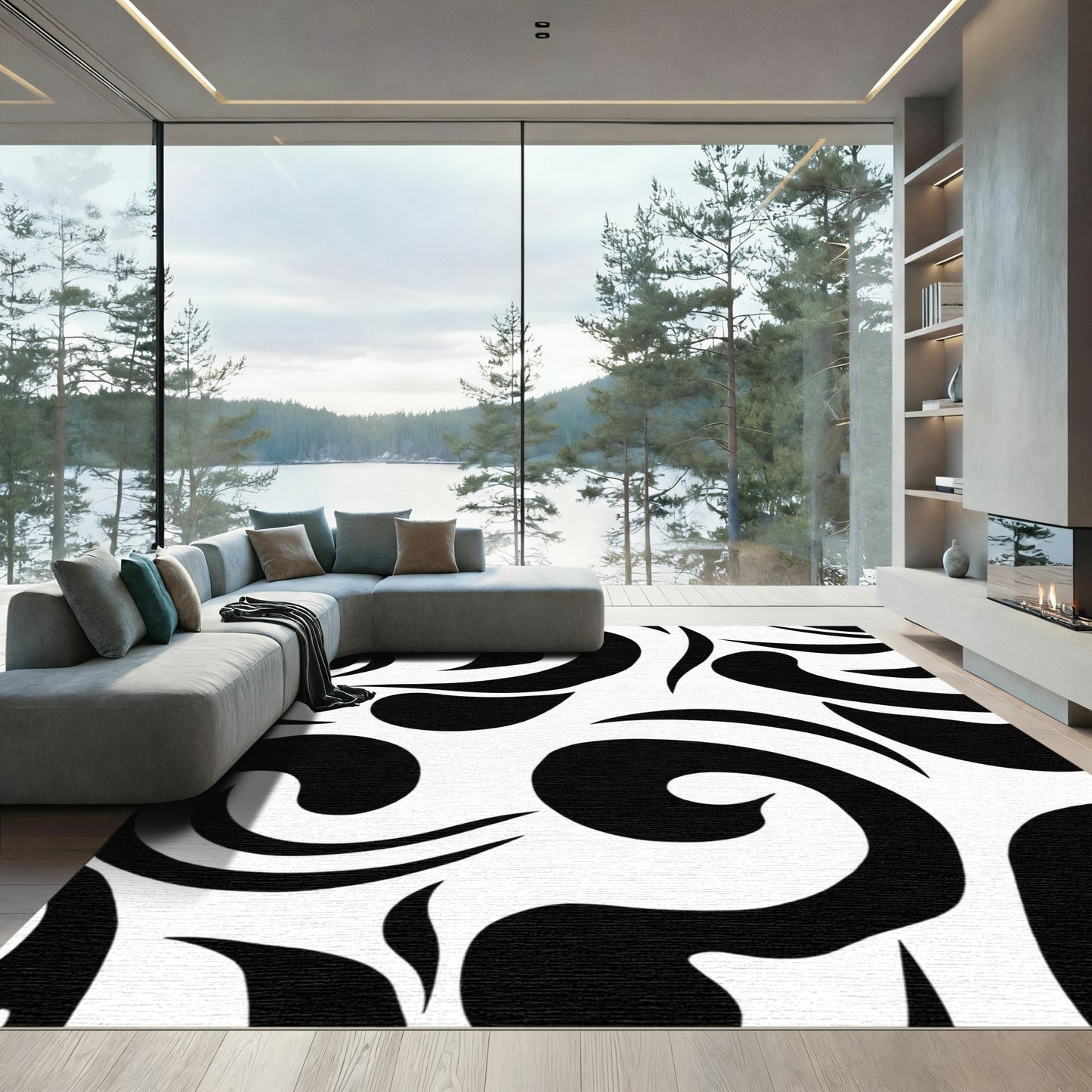 Bold Black Swirl Abstract Statement Rug
