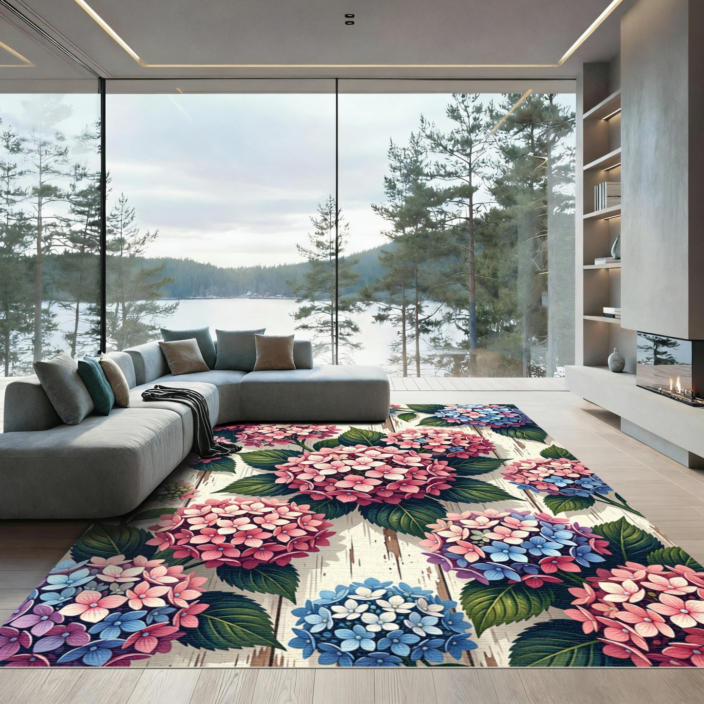 Watercolor Hydrangea Floral Wood Plank Arrangement Rug