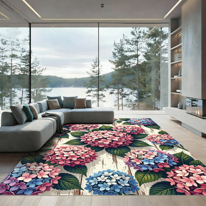 Watercolor Hydrangea Floral Wood Plank Arrangement Rug