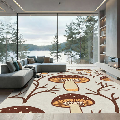 Brown Mushroom Twig Botanical Pattern Rug