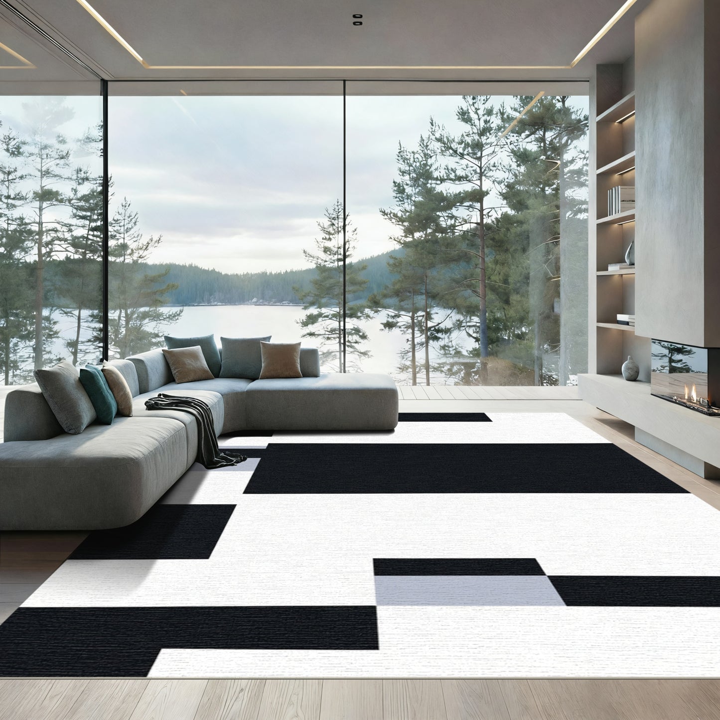 Monochrome Geometric Blocks Arrangement Rug