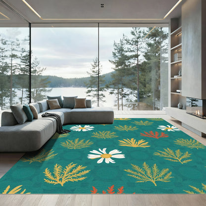 Teal Daisy Fern Garden Rug