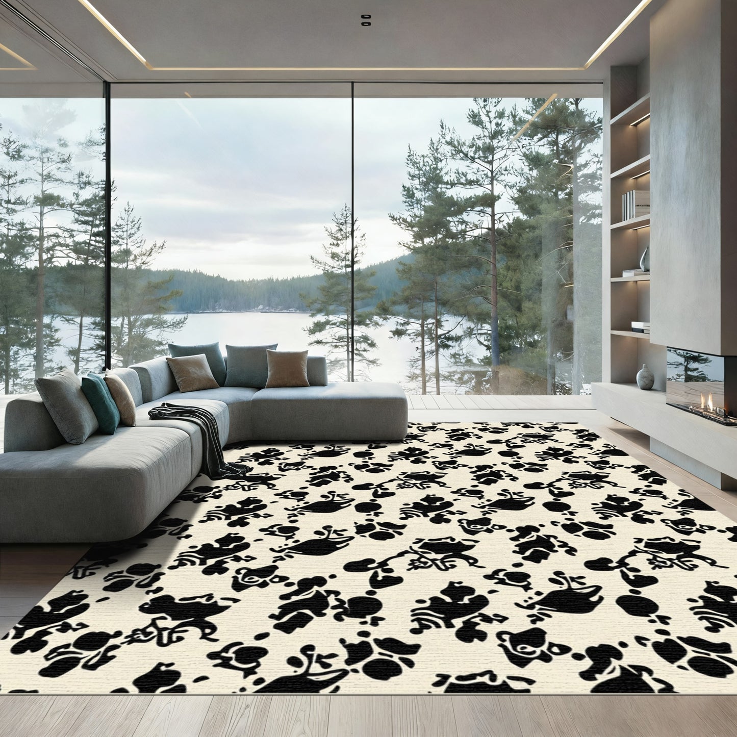 Ivory Black Organic Botanical Vine Rug