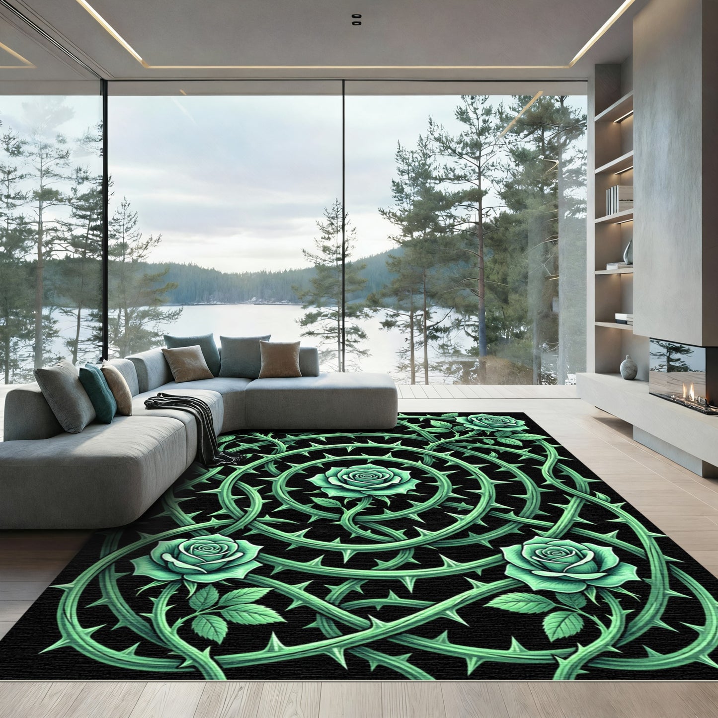 Gothic Emerald Rose Thorns Circle Rug