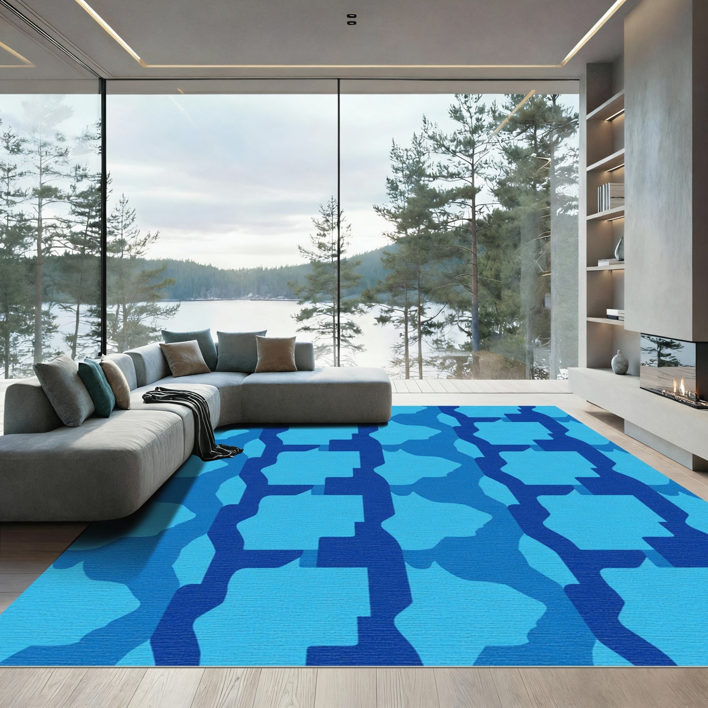 Deep Blue Gradient Organic Shapes Rug