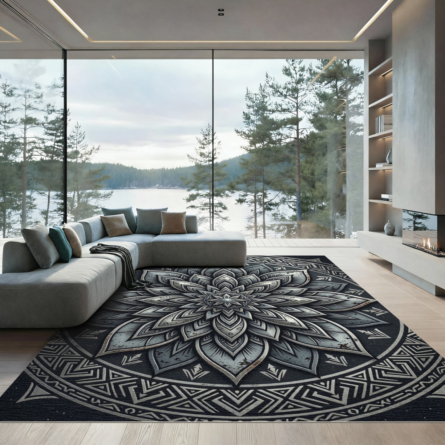 Metallic Gray Floral Mandala Medallion Rug