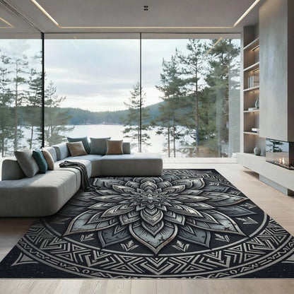 Metallic Gray Floral Mandala Medallion Rug