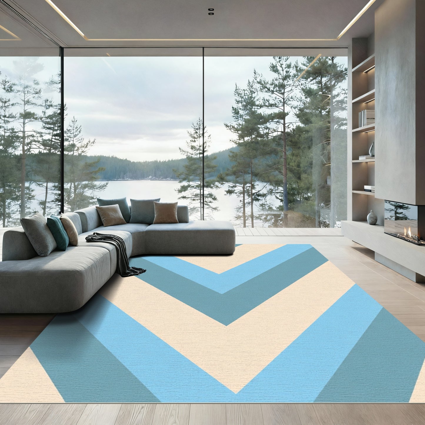 Retro Blue Cream Chevron Stripes Rug