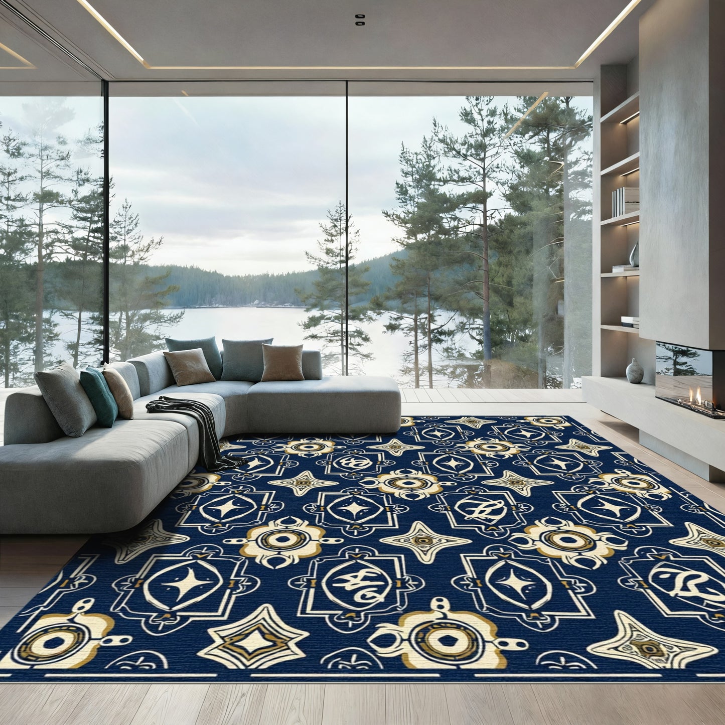 Navy Geometric Medallion Cream Gold Rug