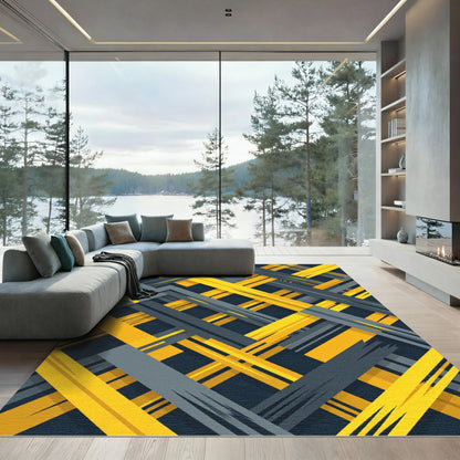 Dynamic Yellow and Gray Geometric Weave Rug