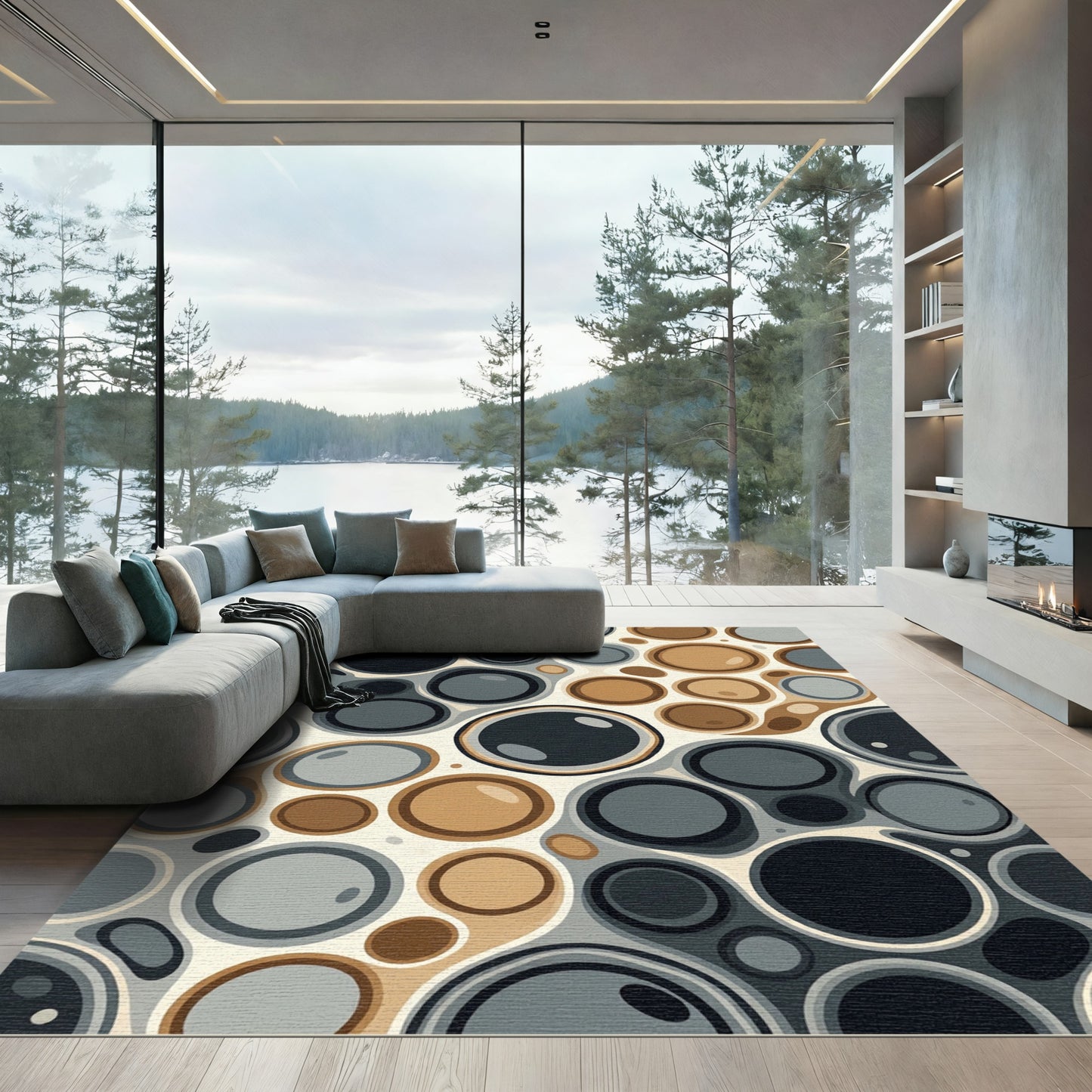 Abstract Gray and Earth Tone Bubbles Rug