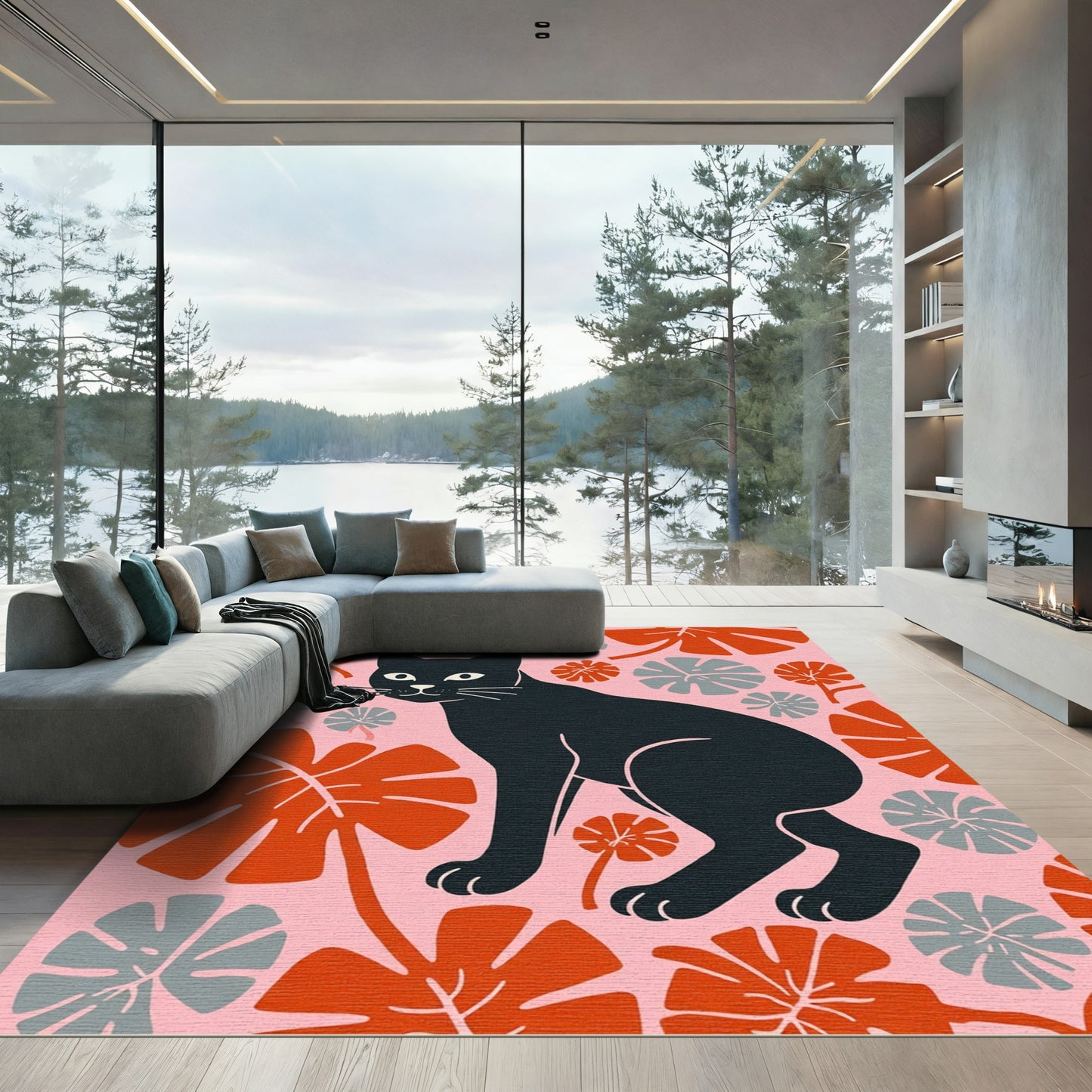 Whimsical Black Cat Tropical Flora Rug