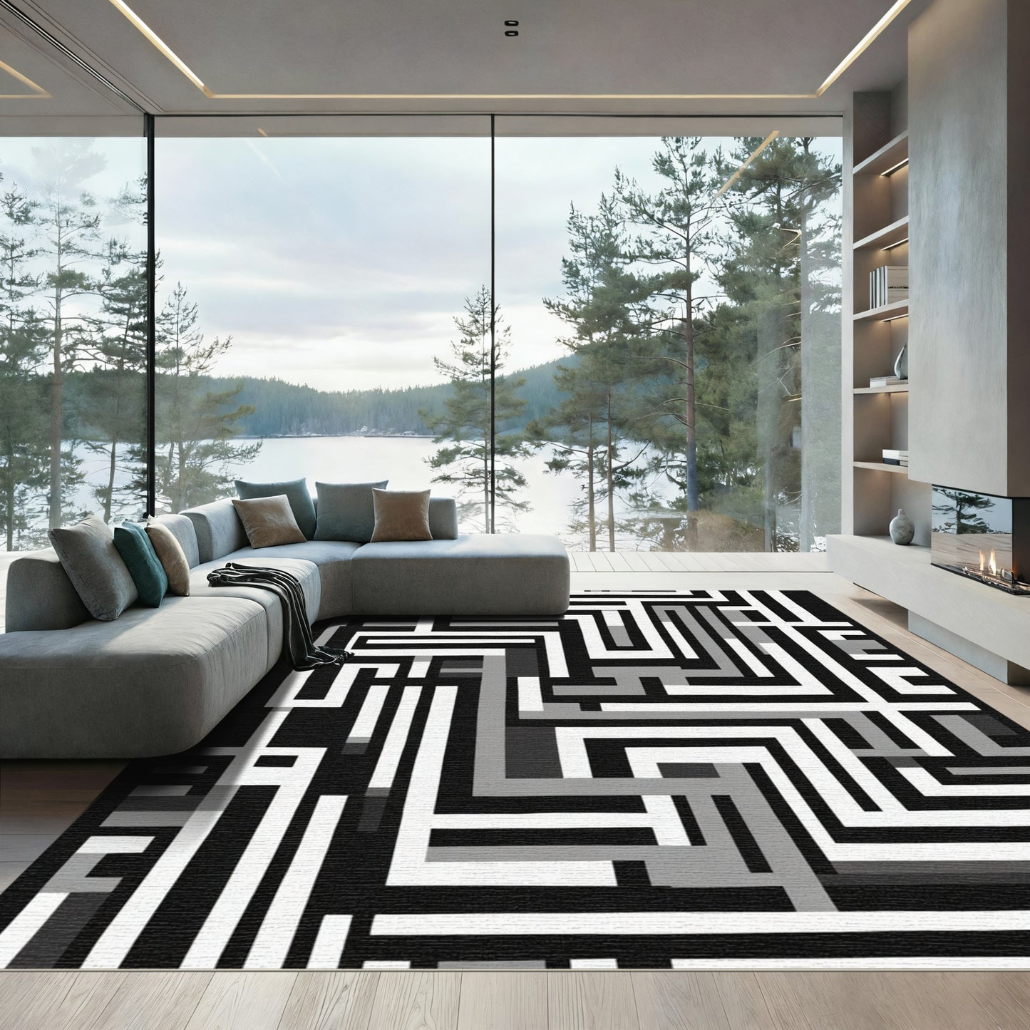 Monochrome Geometric Interlock Maze Rug