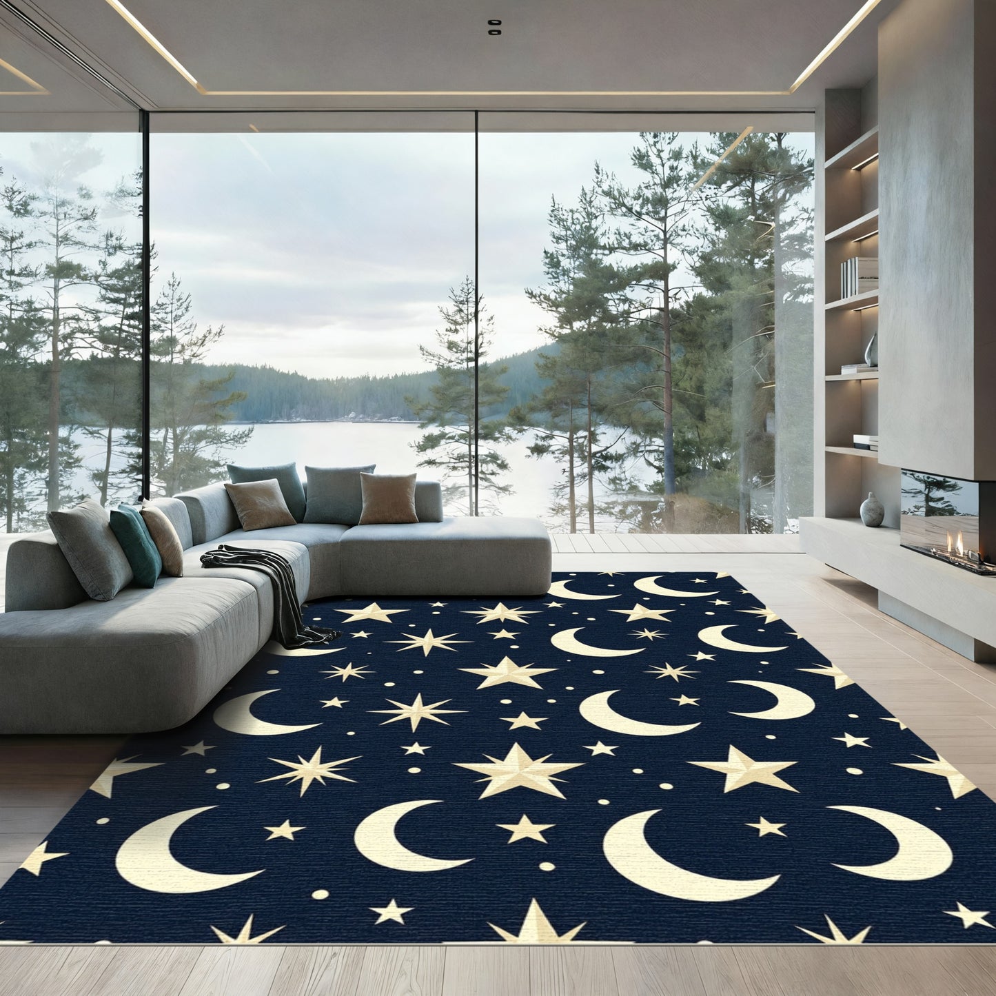 Celestial Navy Blue Starry Night Moon Rug