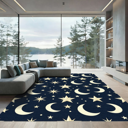 Celestial Navy Blue Starry Night Moon Rug