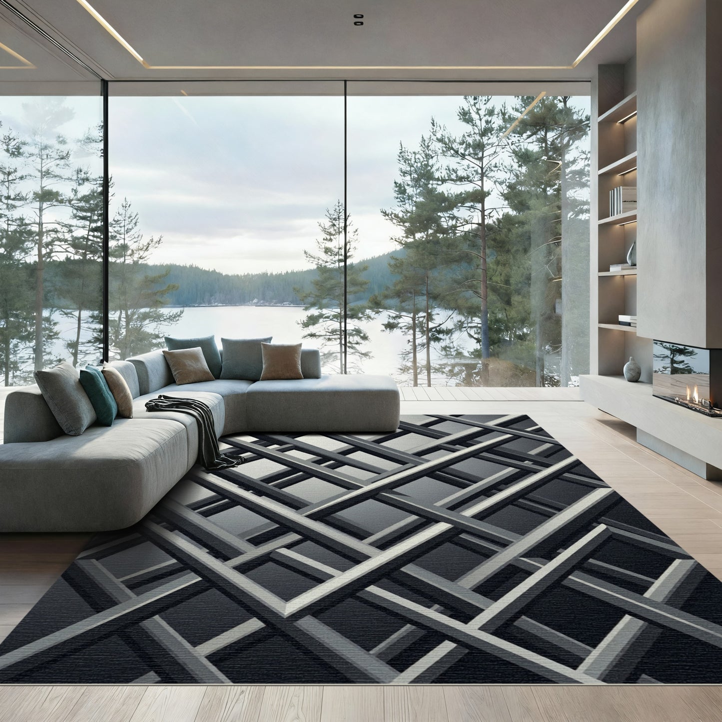 Monochromatic Gray Abstract Intersecting Grid Rug