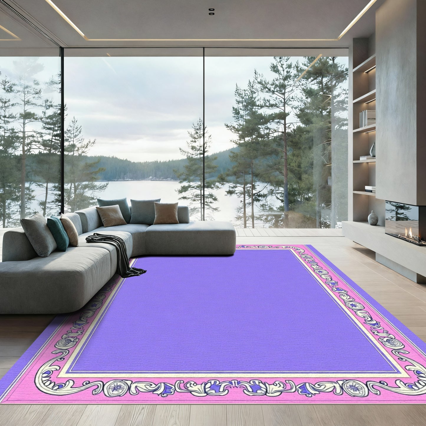 Ornate Lilac Pink Scroll Border Rug