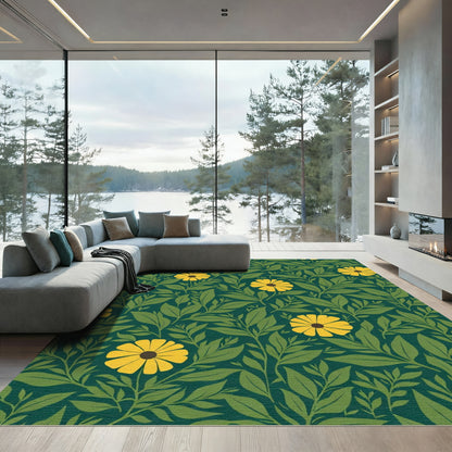 Emerald Green Yellow Floral Vine Rug
